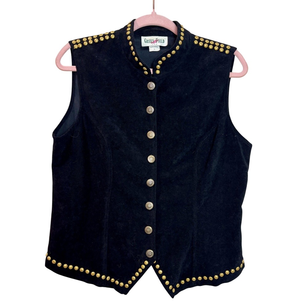 Green Field Studded Black‎ Vest Western Style Sleeveless Top Women's Large